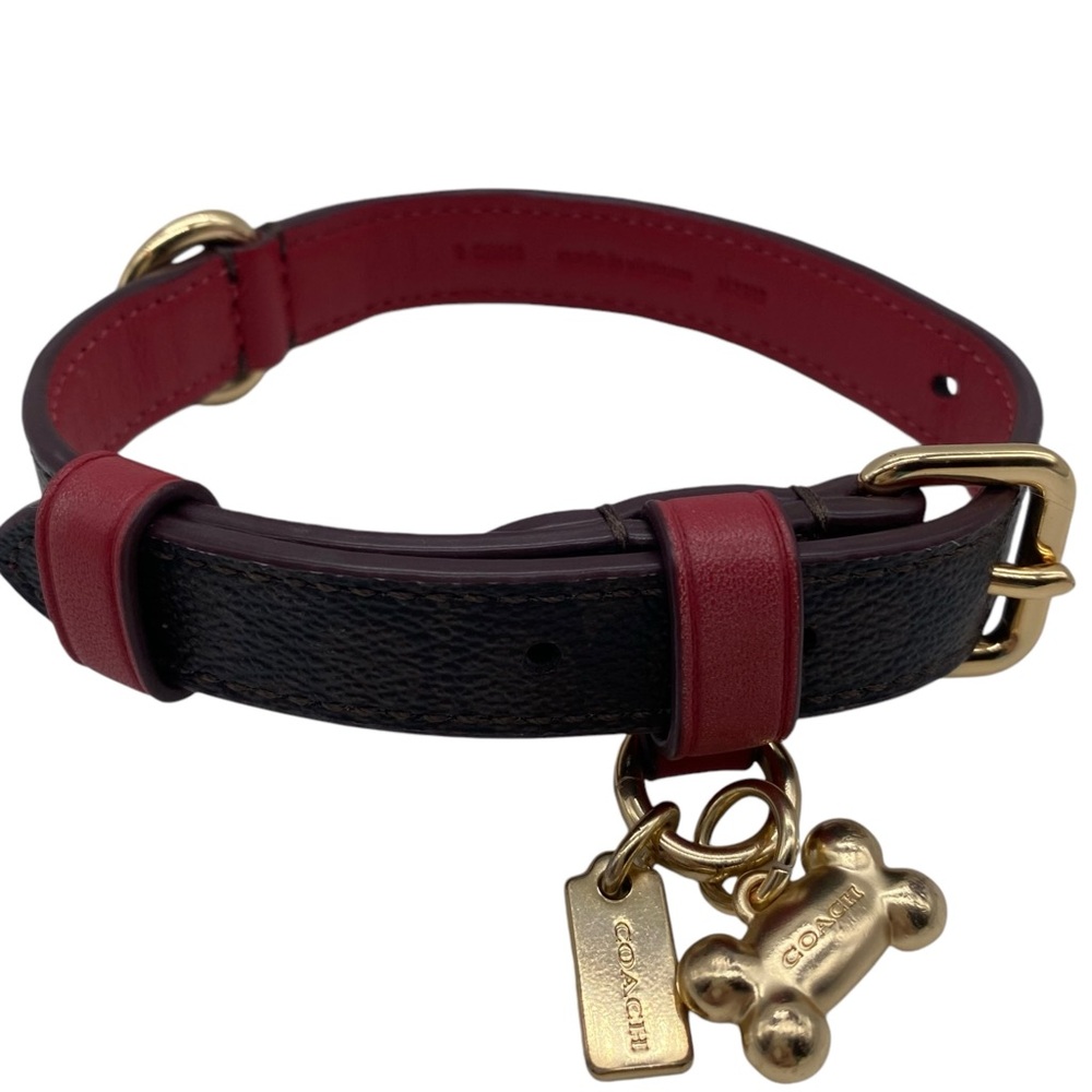 Coach Small Pet Collar Signature Canvas Brown Bold Red Leather Choker Designer - Picture 8 of 8